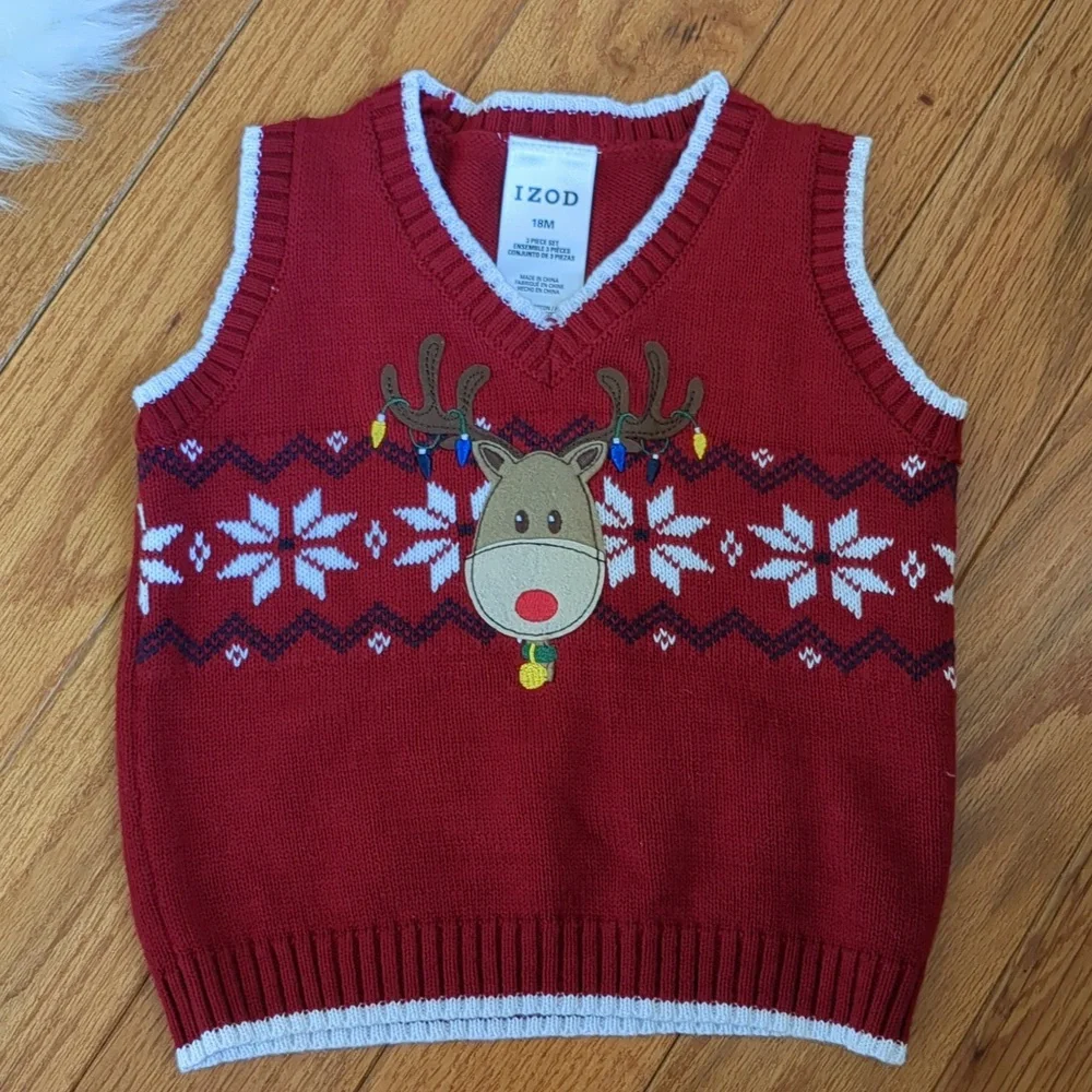 18M Izod Christmas Reindeer Red Sweater Vest Holiday Animal Lights Soft